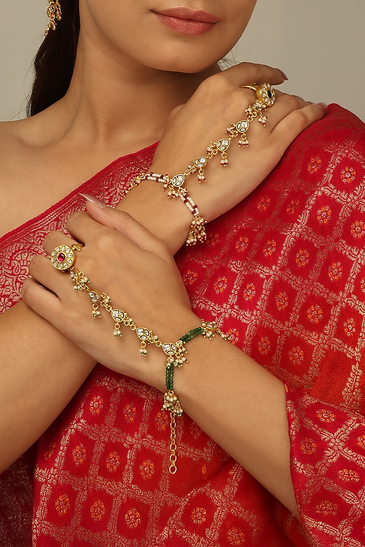 Gold Finish Kundan Polki & White Beaded Ruhani Haathphool by Joules By Radhika at Pernia's Pop Up Shop