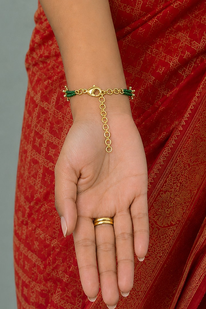 Gold Finish Kundan Polki & White Beaded Ruhani Haathphool by Joules By Radhika at Pernia's Pop Up Shop