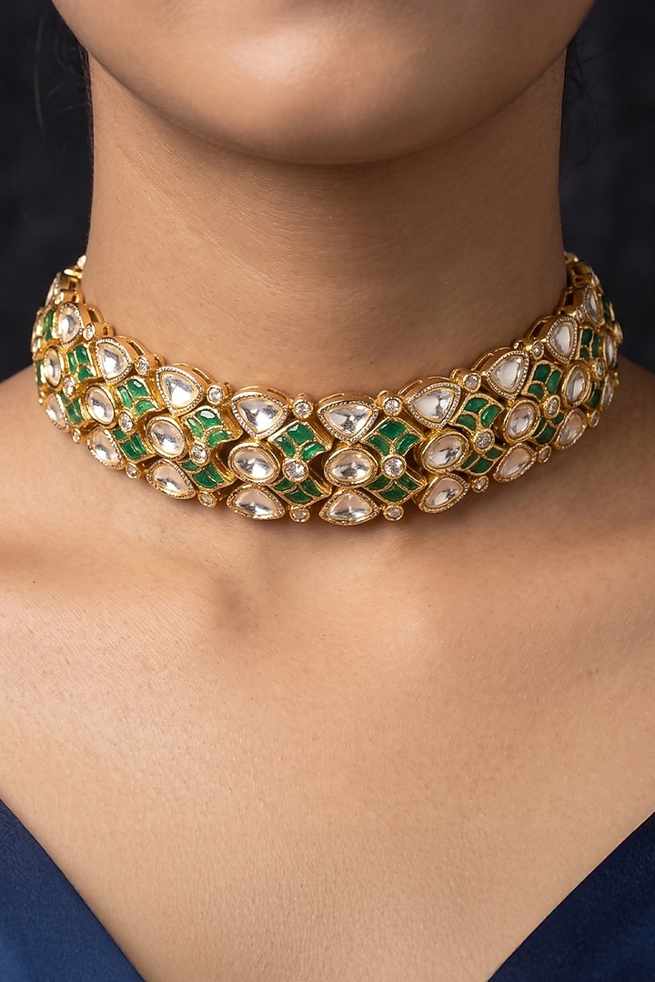 Gold Finish Brass Revanshi Choker Necklace Set by Joules By Radhika at Pernia's Pop Up Shop
