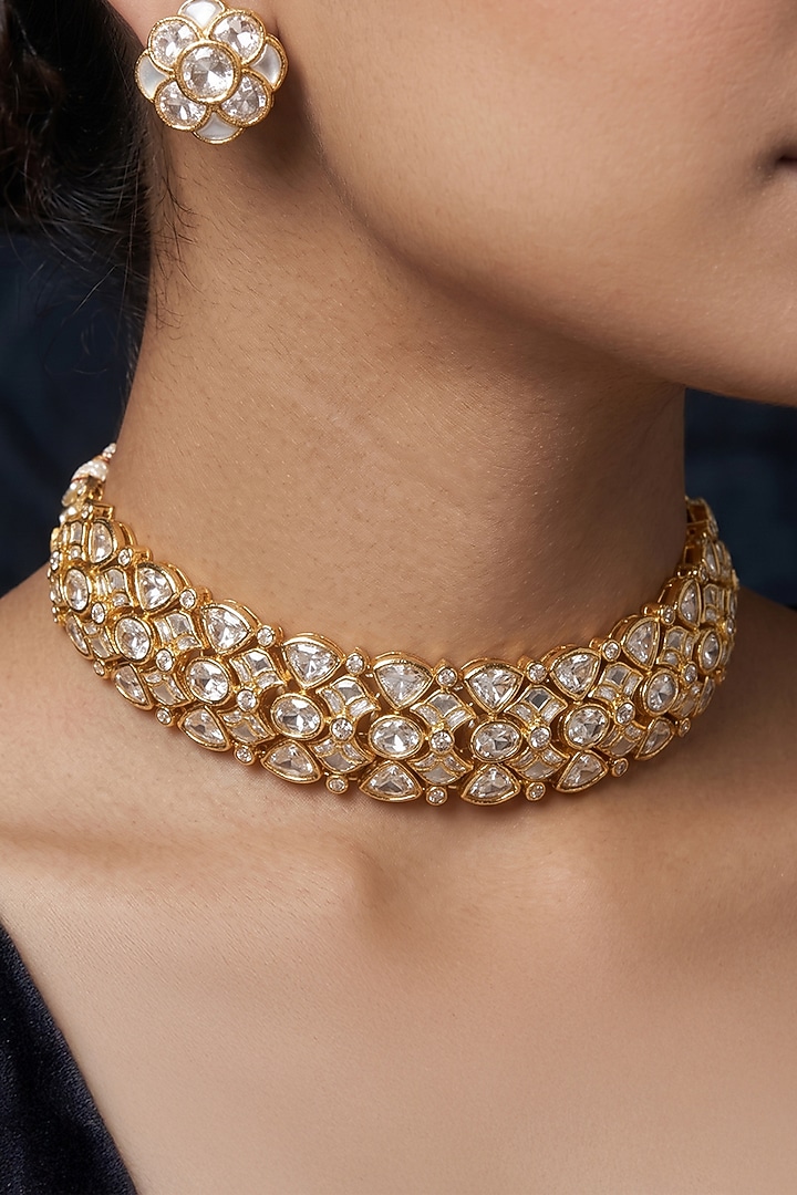 Gold Finish Brass Mishaya Choker Necklace Set by Joules By Radhika at Pernia's Pop Up Shop