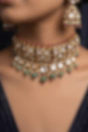 Gold Finish Brass Tavini Choker Necklace Set by Joules By Radhika at Pernia's Pop Up Shop