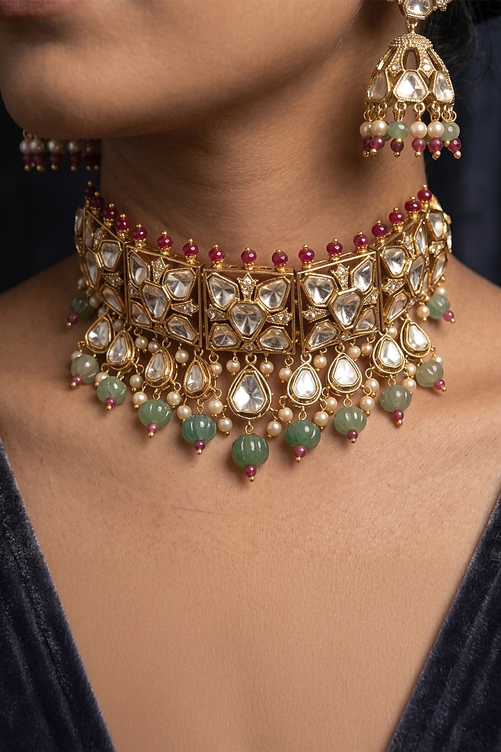 Gold Finish Brass Tavini Choker Necklace Set by Joules By Radhika at Pernia's Pop Up Shop