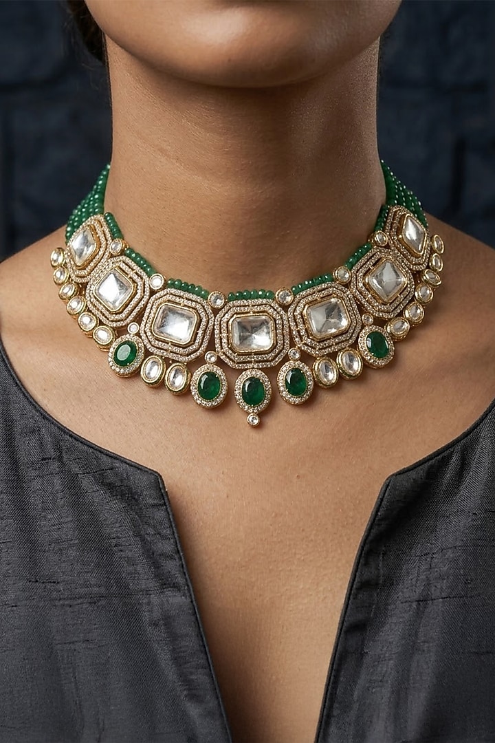 Gold Finish Brass Nyshaara Necklace Set by Joules By Radhika at Pernia's Pop Up Shop