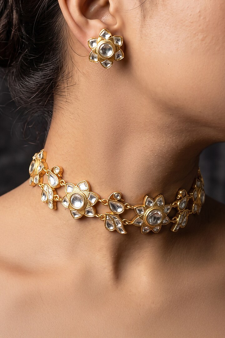 Gold Finish Brass Vaylina Choker Necklace Set by Joules By Radhika at Pernia's Pop Up Shop