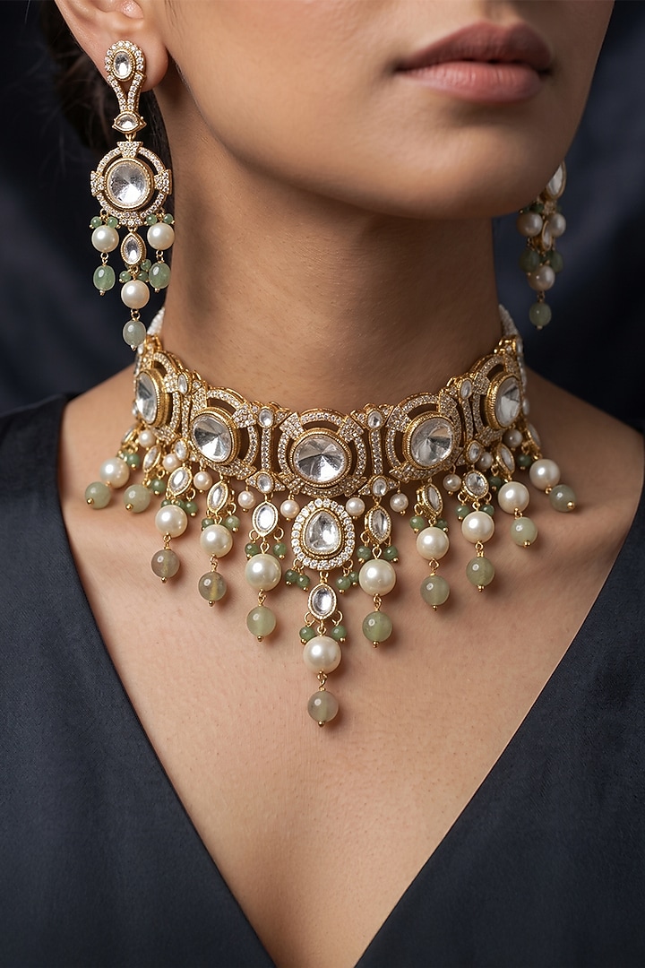 Gold Finish Brass Samvaya Choker Necklace Set by Joules By Radhika at Pernia's Pop Up Shop