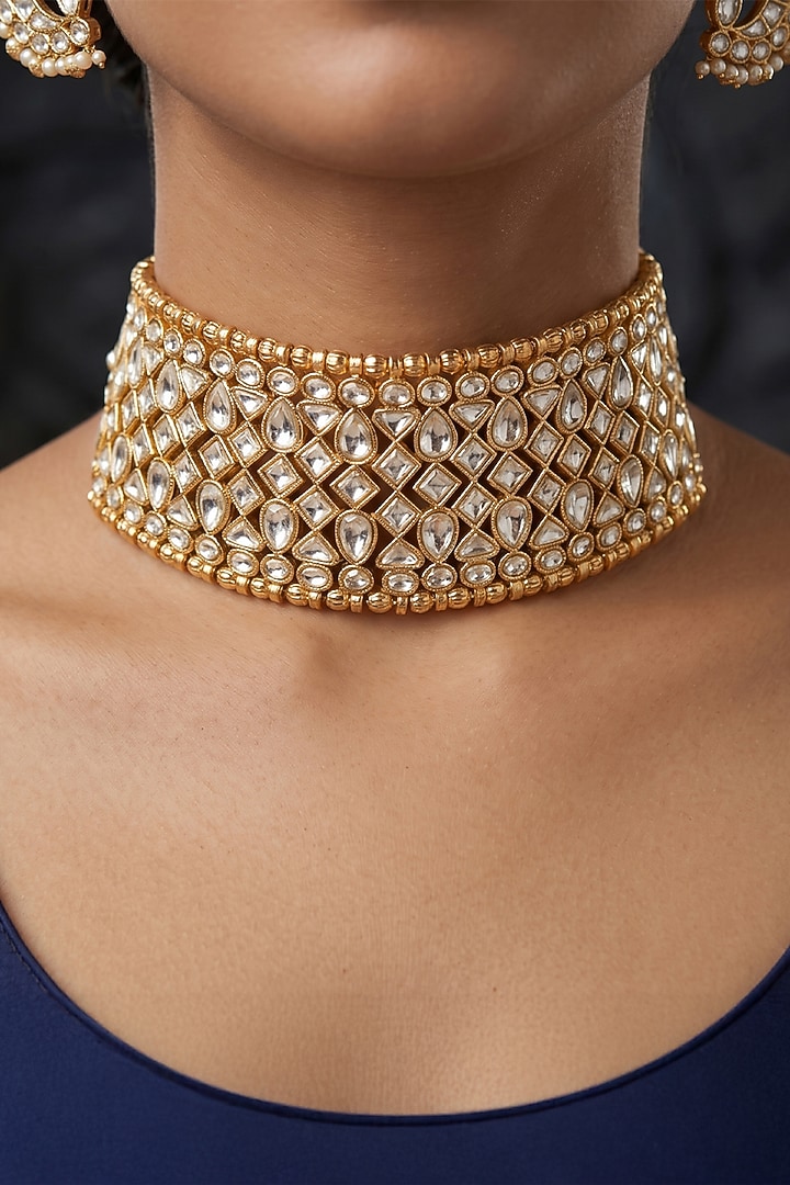 Gold Finish Brass Kairiya Choker Necklace Set by Joules By Radhika at Pernia's Pop Up Shop