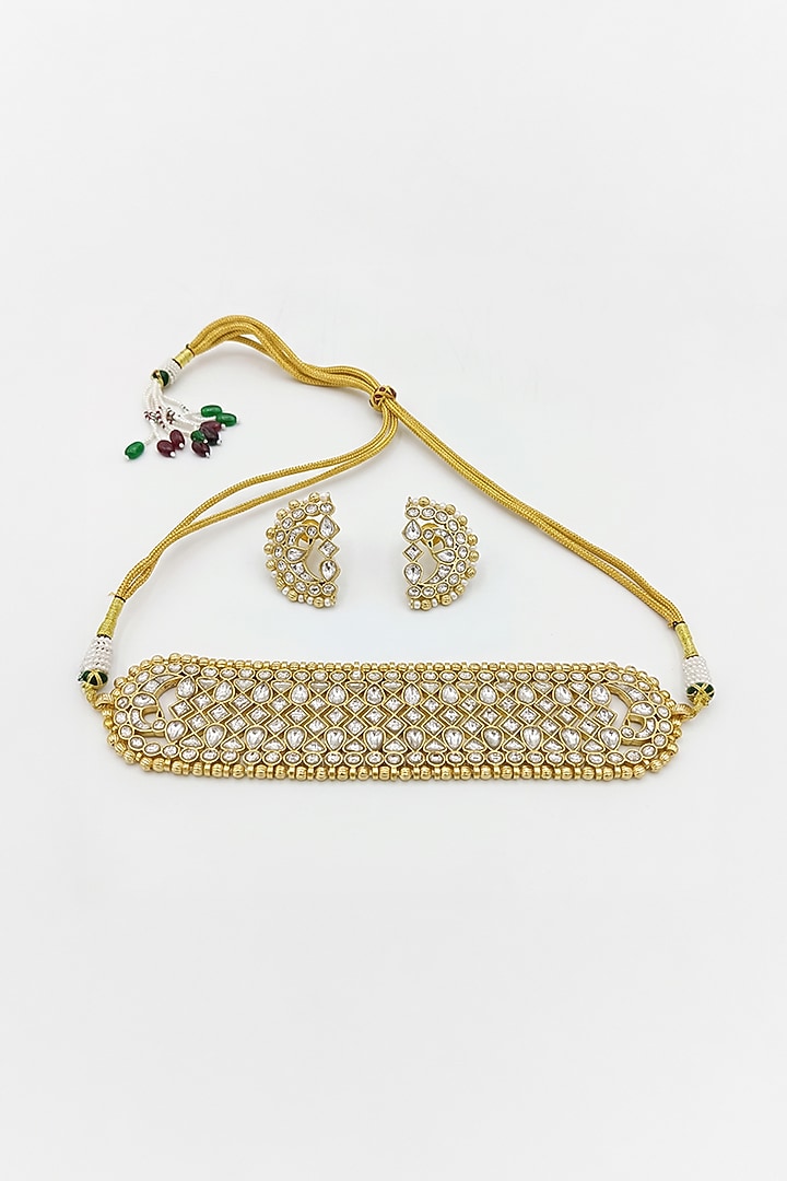 Gold Finish Brass Kairiya Choker Necklace Set by Joules By Radhika at Pernia's Pop Up Shop