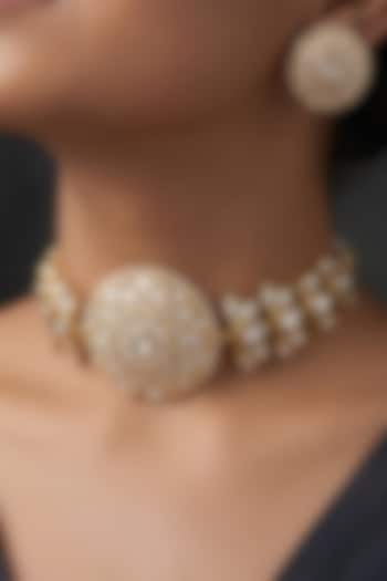 Gold Finish Brass Tarvika Choker Necklace Set by Joules By Radhika at Pernia's Pop Up Shop