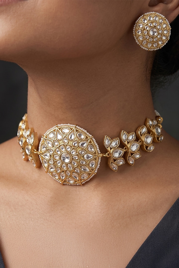 Gold Finish Brass Tarvika Choker Necklace Set by Joules By Radhika at Pernia's Pop Up Shop