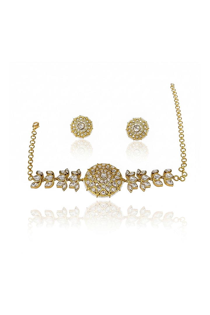 Gold Finish Brass Tarvika Choker Necklace Set by Joules By Radhika at Pernia's Pop Up Shop