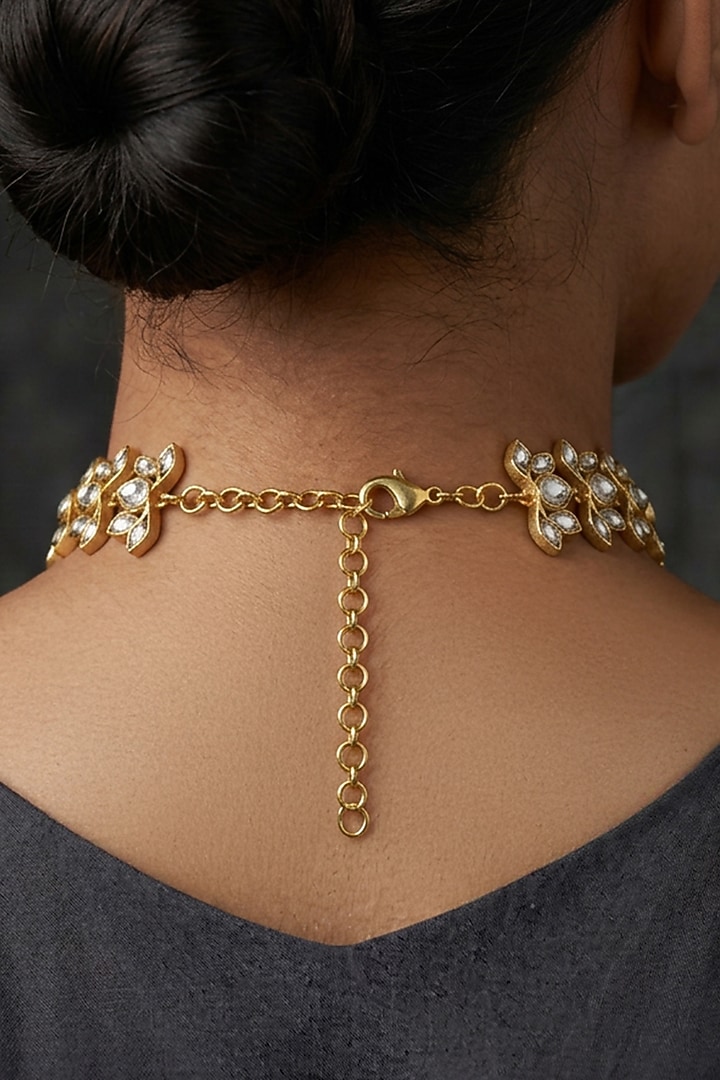Gold Finish Brass Tarvika Choker Necklace Set by Joules By Radhika at Pernia's Pop Up Shop