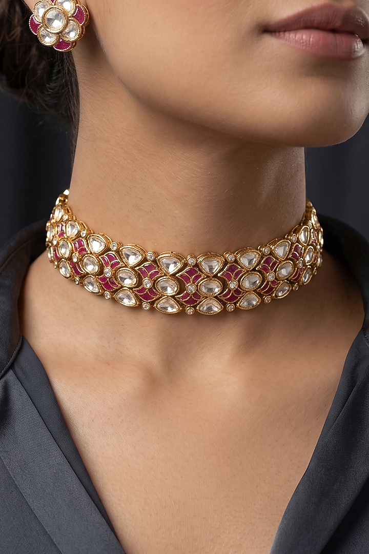 Gold Finish Brass Veshaya Choker Necklace Set by Joules By Radhika at Pernia's Pop Up Shop