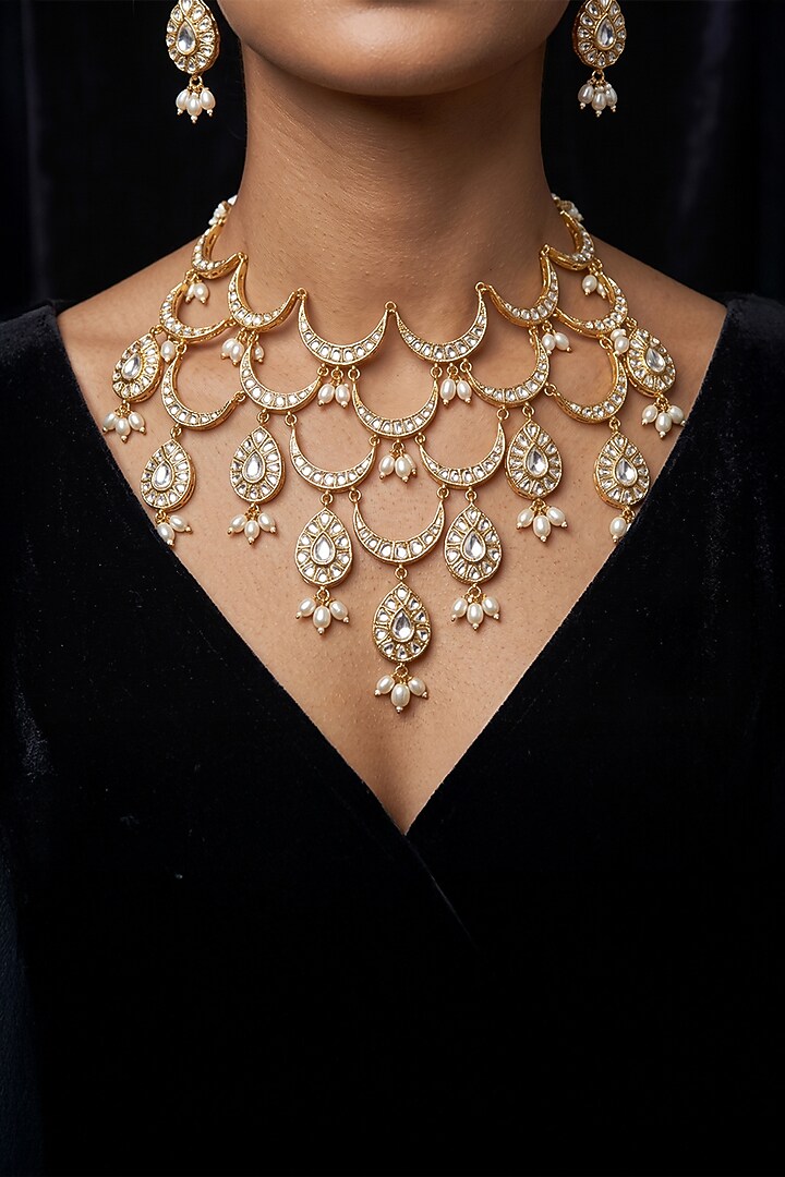 Gold Finish Brass Nirvani Necklace Set by Joules By Radhika at Pernia's Pop Up Shop