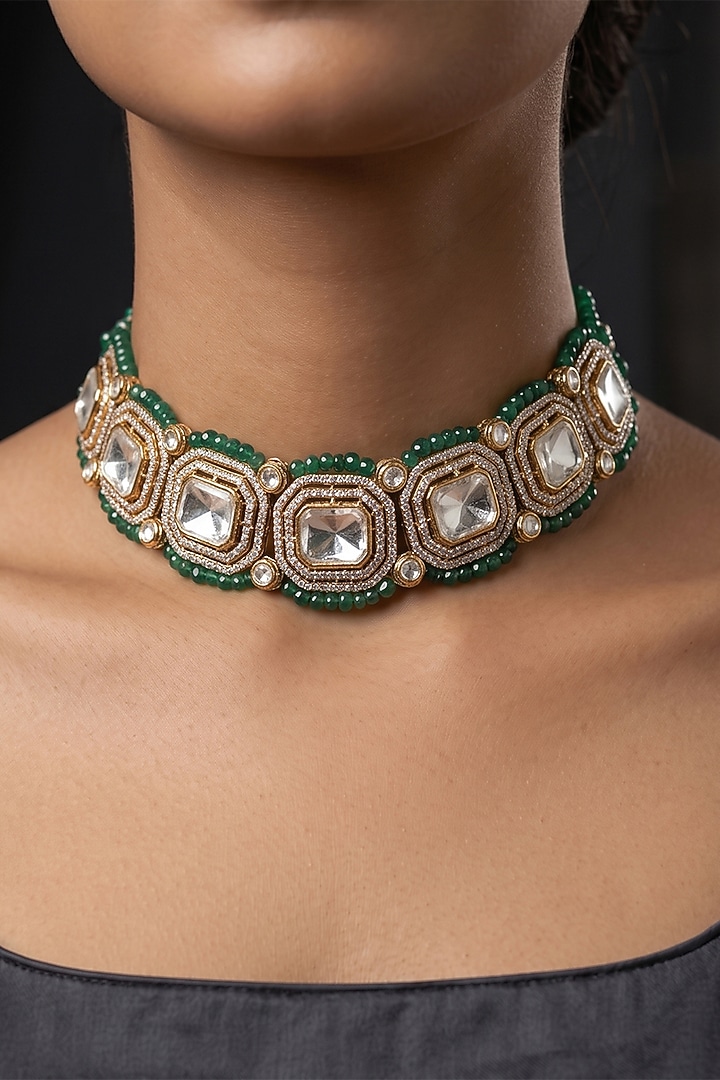 Gold Finish Brass Sayoni Choker Necklace Set by Joules By Radhika at Pernia's Pop Up Shop