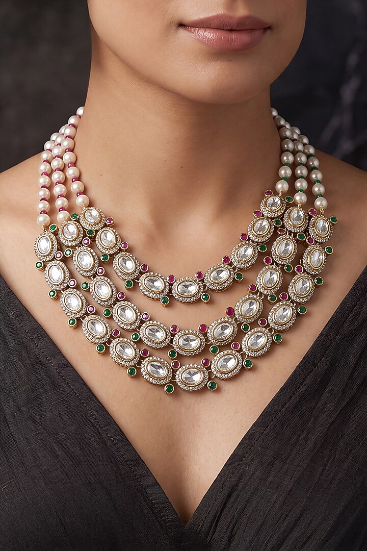 Gold Finish Brass Kavisha Layered Necklace  by Joules By Radhika at Pernia's Pop Up Shop