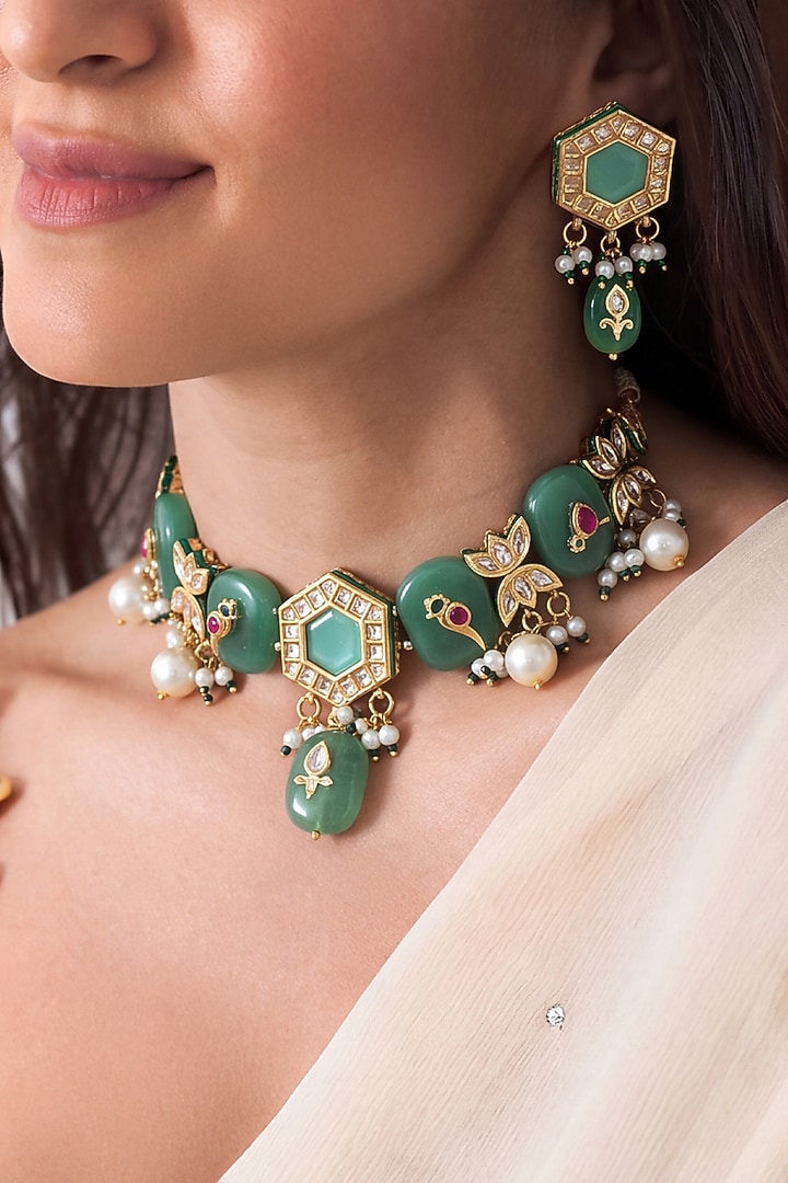 Gold Finish Brass Pravya Necklace Set by Joules By Radhika at Pernia's Pop Up Shop