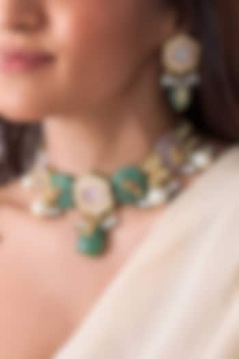 Gold Finish Brass Tanvika Necklace Set by Joules By Radhika at Pernia's Pop Up Shop