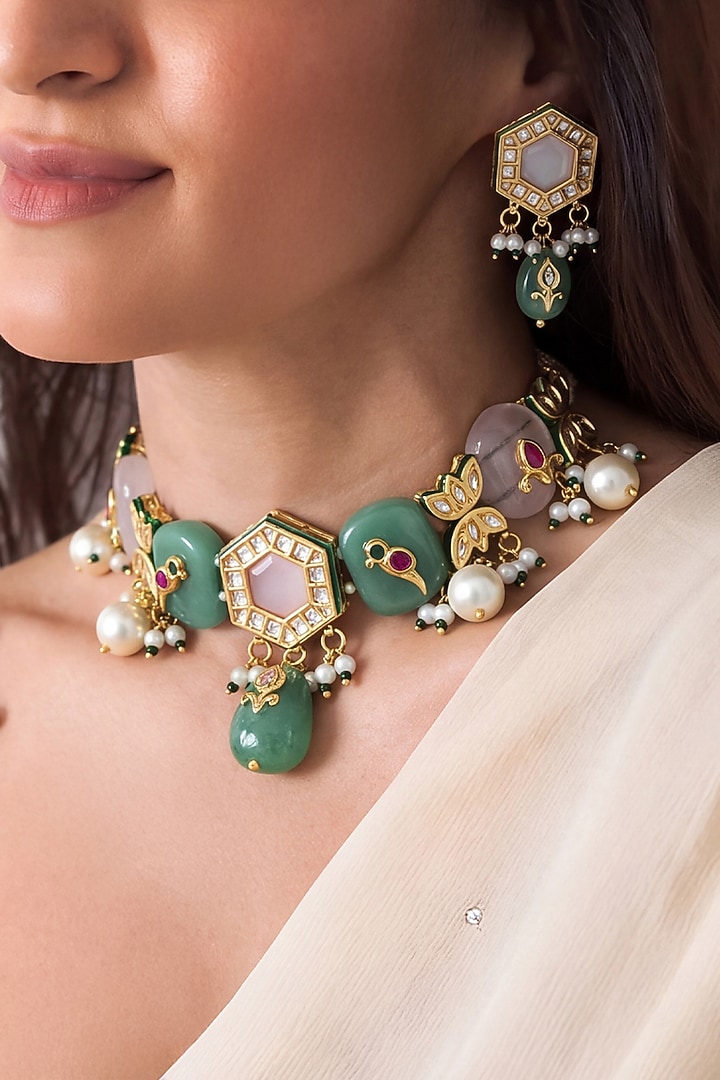 Gold Finish Brass Tanvika Necklace Set by Joules By Radhika at Pernia's Pop Up Shop
