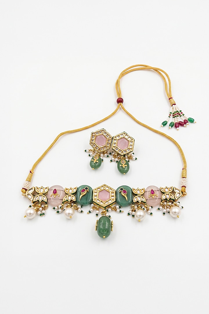 Gold Finish Brass Tanvika Necklace Set by Joules By Radhika at Pernia's Pop Up Shop
