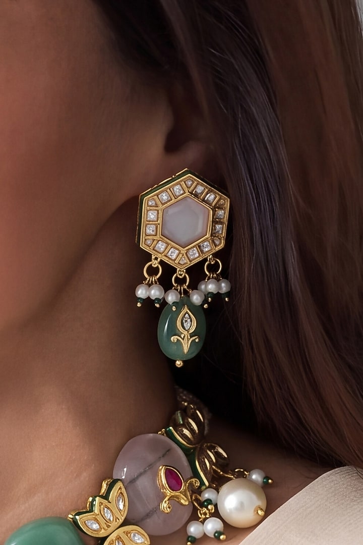 Gold Finish Brass Tanvika Necklace Set by Joules By Radhika at Pernia's Pop Up Shop