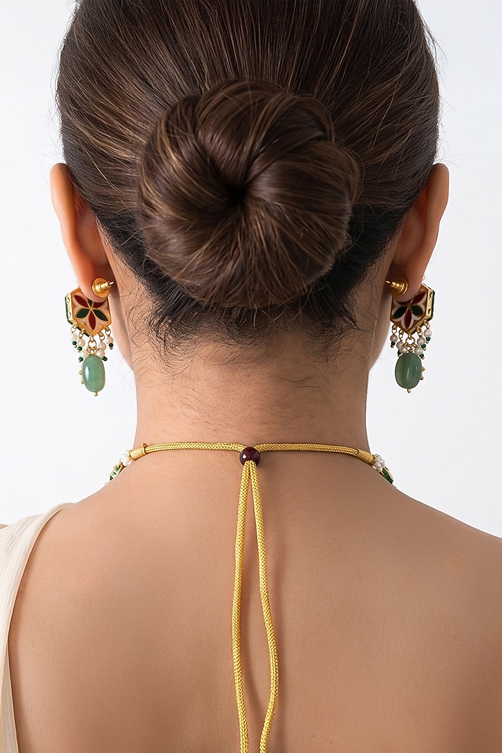 Gold Finish Brass Tanvika Necklace Set by Joules By Radhika at Pernia's Pop Up Shop