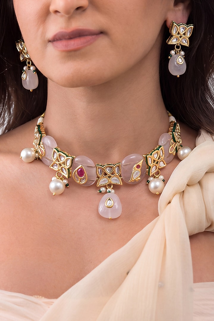Gold Finish Brass Lavesha Necklace Set by Joules By Radhika at Pernia's Pop Up Shop