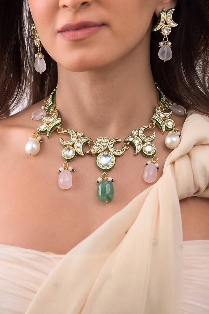 Gold Finish Brass Yashvika Necklace Set by Joules By Radhika at Pernia's Pop Up Shop