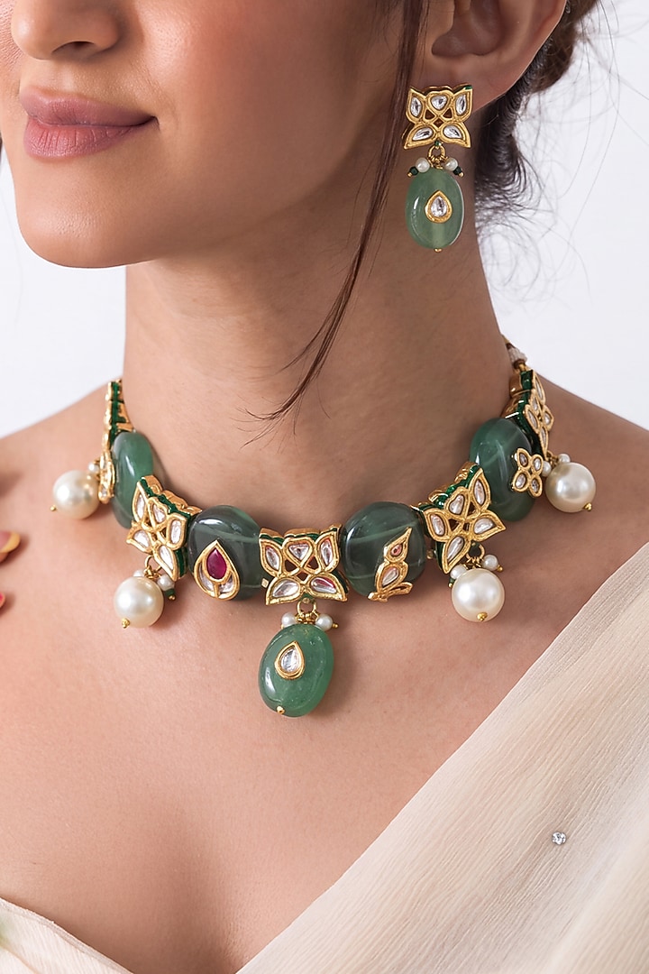 Gold Finish Brass Mireya Choker Necklace Set by Joules By Radhika at Pernia's Pop Up Shop