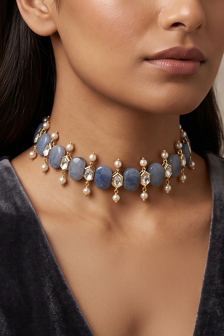 Gold Finish Brass Kavisha Choker Necklace by Joules By Radhika at Pernia's Pop Up Shop