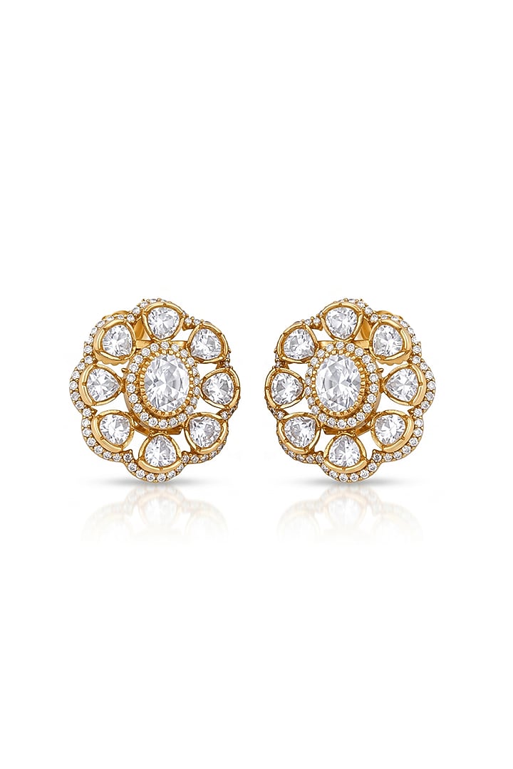 Gold Finish Brass Sareya Floral Stud Earrings by Joules By Radhika at Pernia's Pop Up Shop