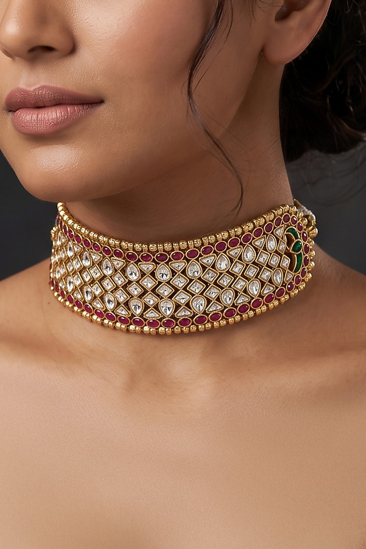 Gold Finish Brass Sairya Choker Necklace Set by Joules By Radhika at Pernia's Pop Up Shop
