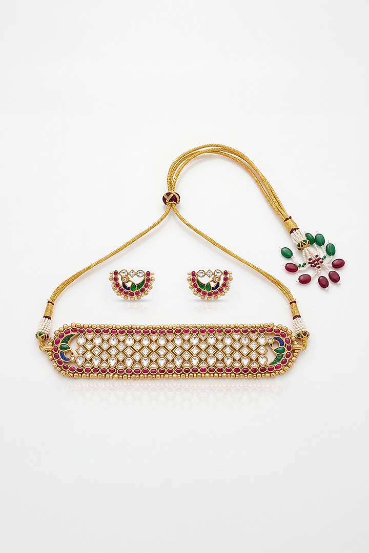 Gold Finish Brass Sairya Choker Necklace Set by Joules By Radhika at Pernia's Pop Up Shop