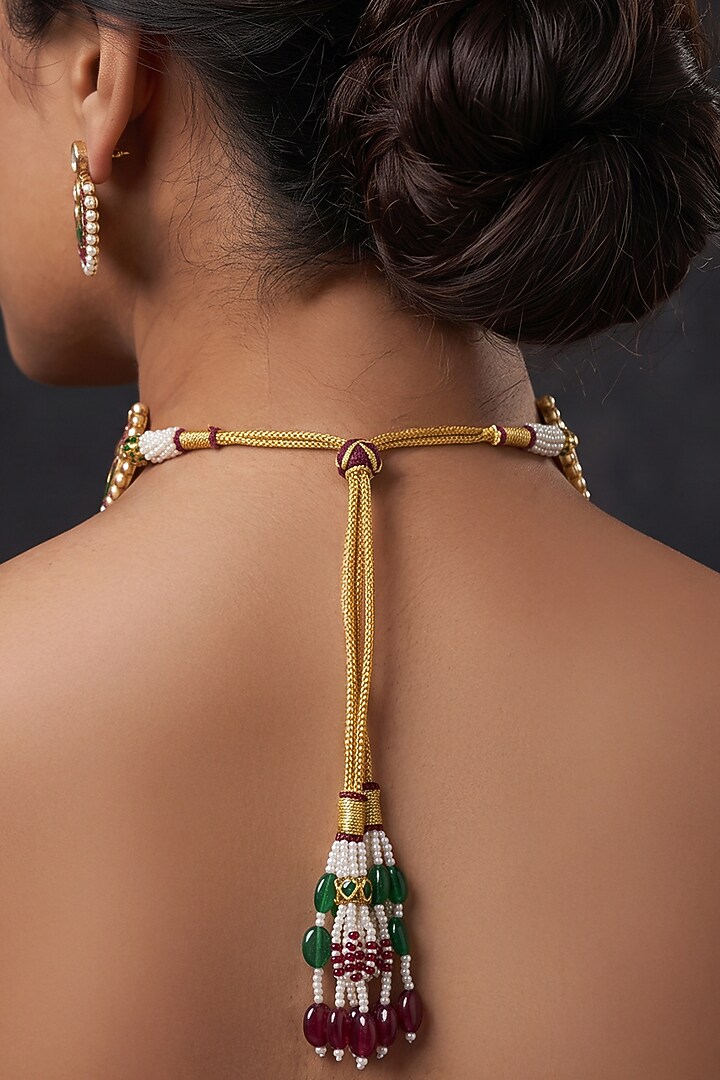 Gold Finish Brass Sairya Choker Necklace Set by Joules By Radhika at Pernia's Pop Up Shop