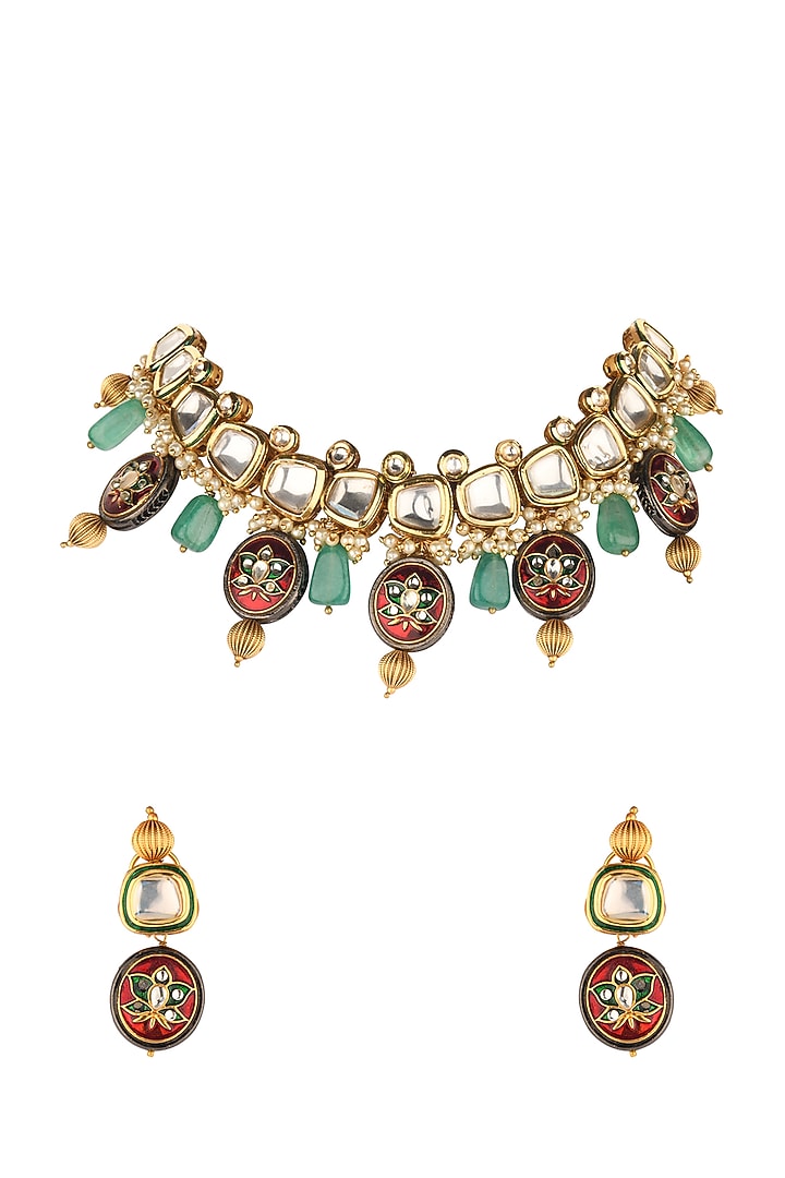 Gold Finish Beaded Necklace Set by Joules By Radhika at Pernia's Pop Up Shop