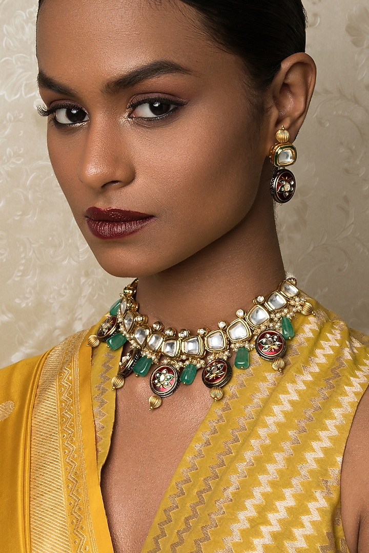 Gold Finish Beaded Necklace Set by Joules By Radhika at Pernia's Pop Up Shop
