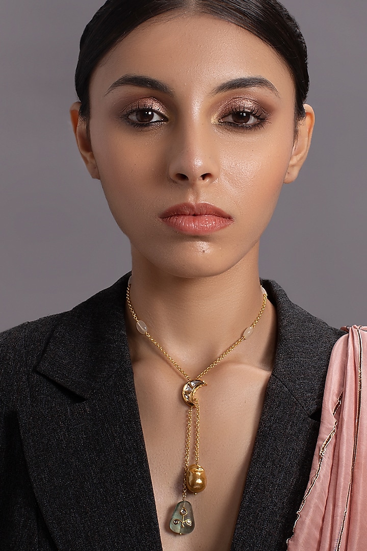 Gold Finish Long Necklace With Kundan Polki by Joules By Radhika
