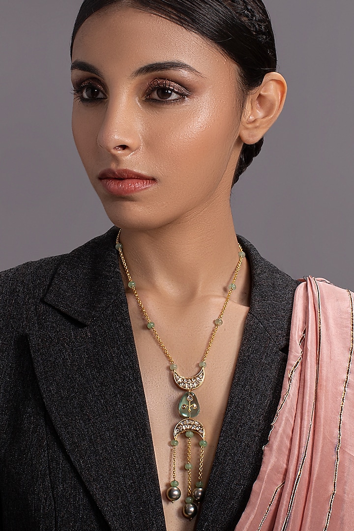 Gold Finish Long Necklace With Shell Pearls by Joules By Radhika