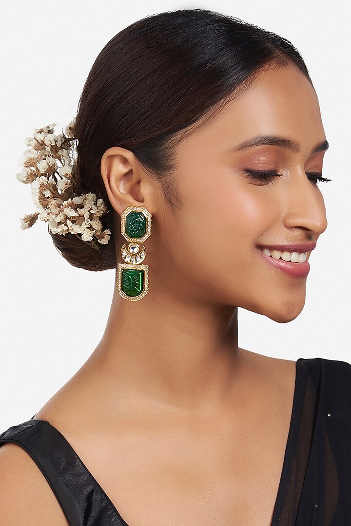 Micron Gold Finish Kundan Polki Drop Earrings by Joules By Radhika at Pernia's Pop Up Shop