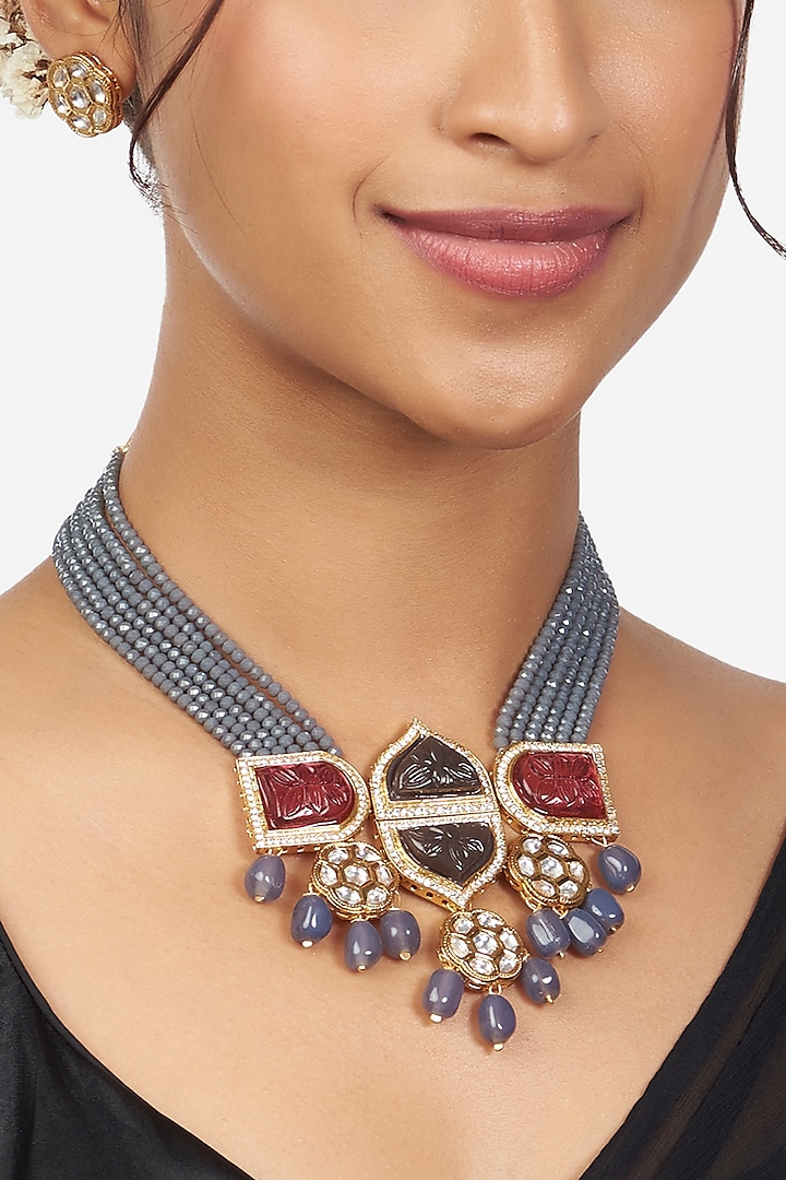 Gold Finish Necklace Set With Agate Stones by Joules By Radhika