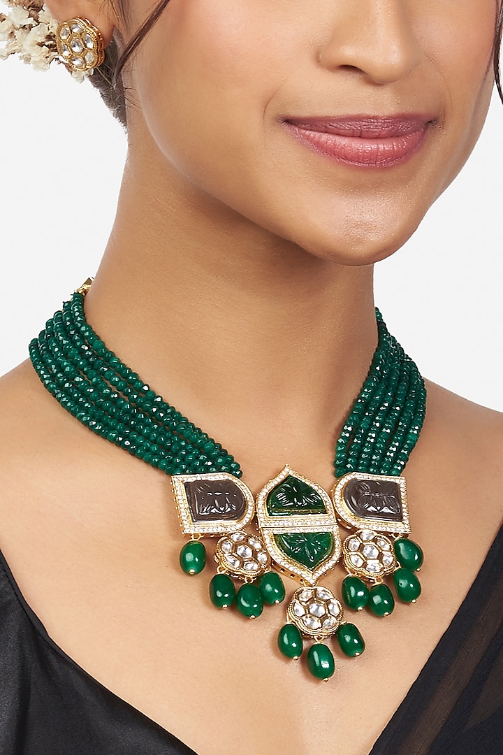 Gold Finish Necklace Set With Kundan Polki by Joules By Radhika