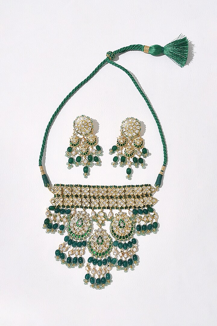 Gold Plated Hydro Polki & Green Jade Tumble Necklace Set by Joules By Radhika at Pernia's Pop Up Shop