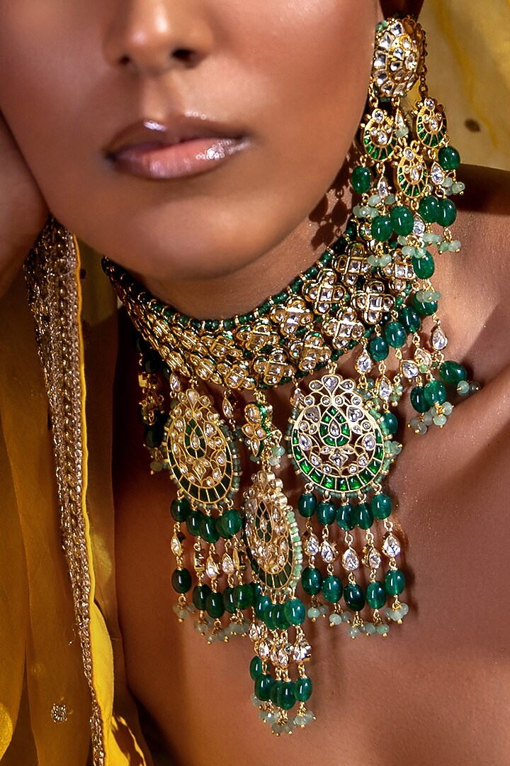 Gold Plated Hydro Polki & Green Jade Tumble Necklace Set by Joules By Radhika at Pernia's Pop Up Shop