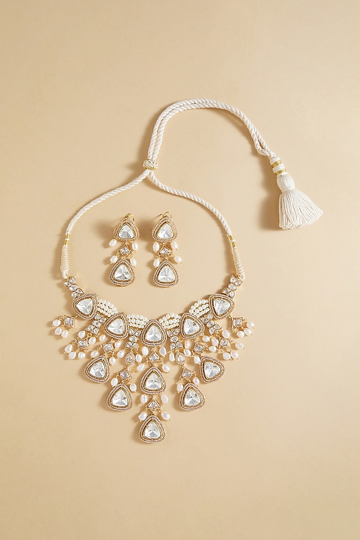Gold Plated Hydro Polki & Freshwater Pearl Drop Necklace Set by Joules By Radhika at Pernia's Pop Up Shop