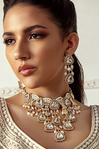 Gold Plated Hydro Polki & Freshwater Pearl Drop Necklace Set by Joules By Radhika