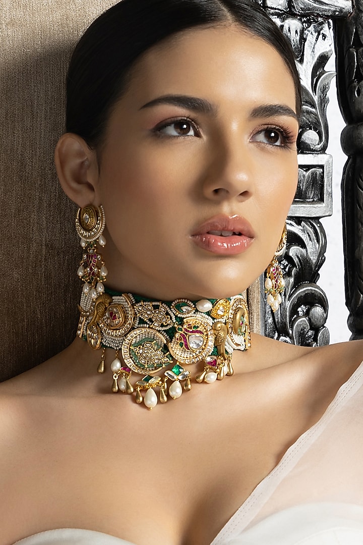 Gold Plated Hydro Ruby & Emerald Choker Necklace Set by Joules By Radhika at Pernia's Pop Up Shop