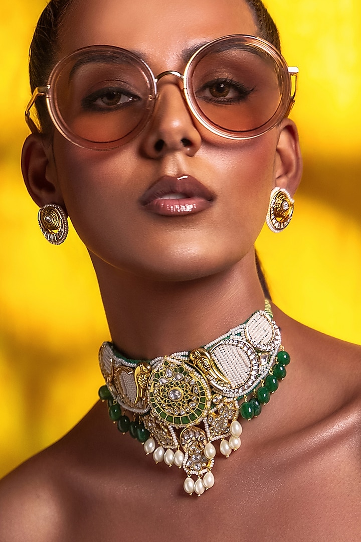 Gold Plated Hydro Emerald & Hydro Polki Choker Necklace Set by Joules By Radhika at Pernia's Pop Up Shop