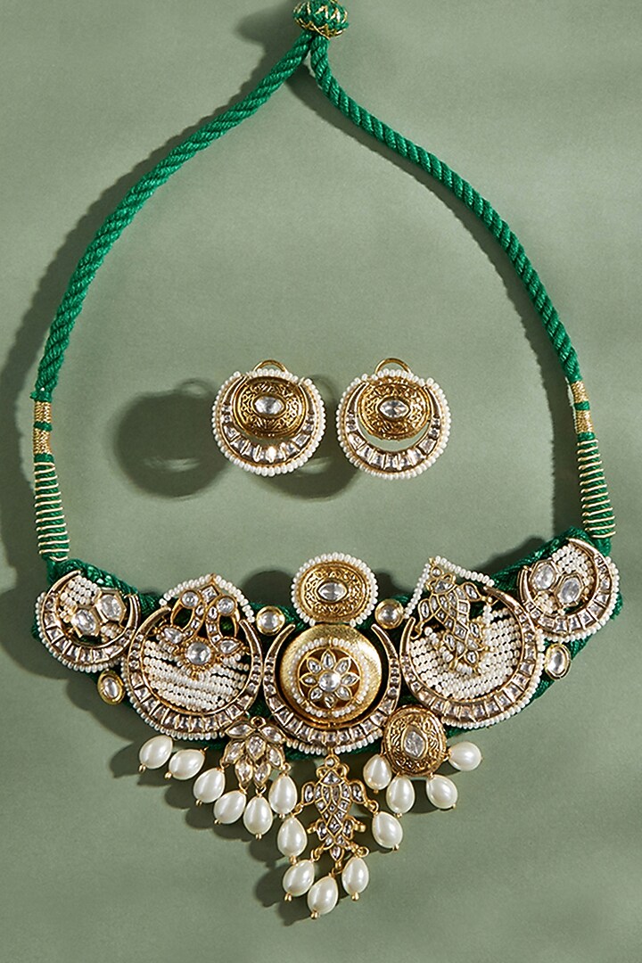 Gold Plated Hydro Polki & Shell Pearl Choker Necklace Set by Joules By Radhika at Pernia's Pop Up Shop
