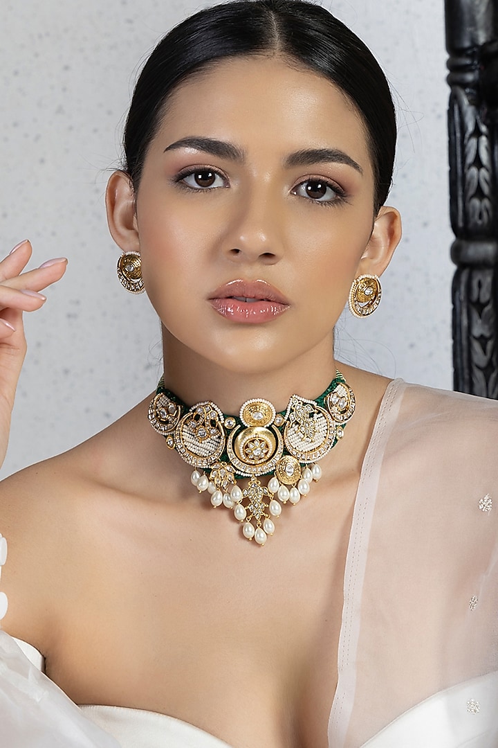 Gold Plated Hydro Polki & Shell Pearl Choker Necklace Set by Joules By Radhika at Pernia's Pop Up Shop