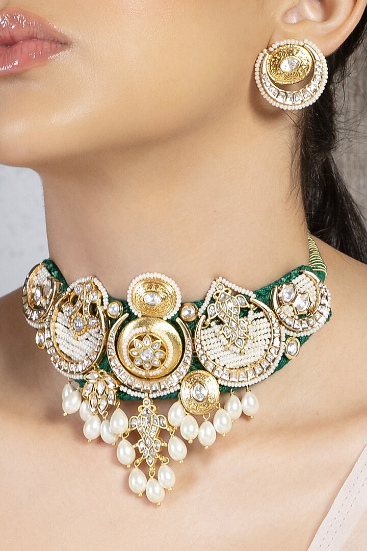Gold Plated Hydro Polki & Shell Pearl Choker Necklace Set by Joules By Radhika at Pernia's Pop Up Shop