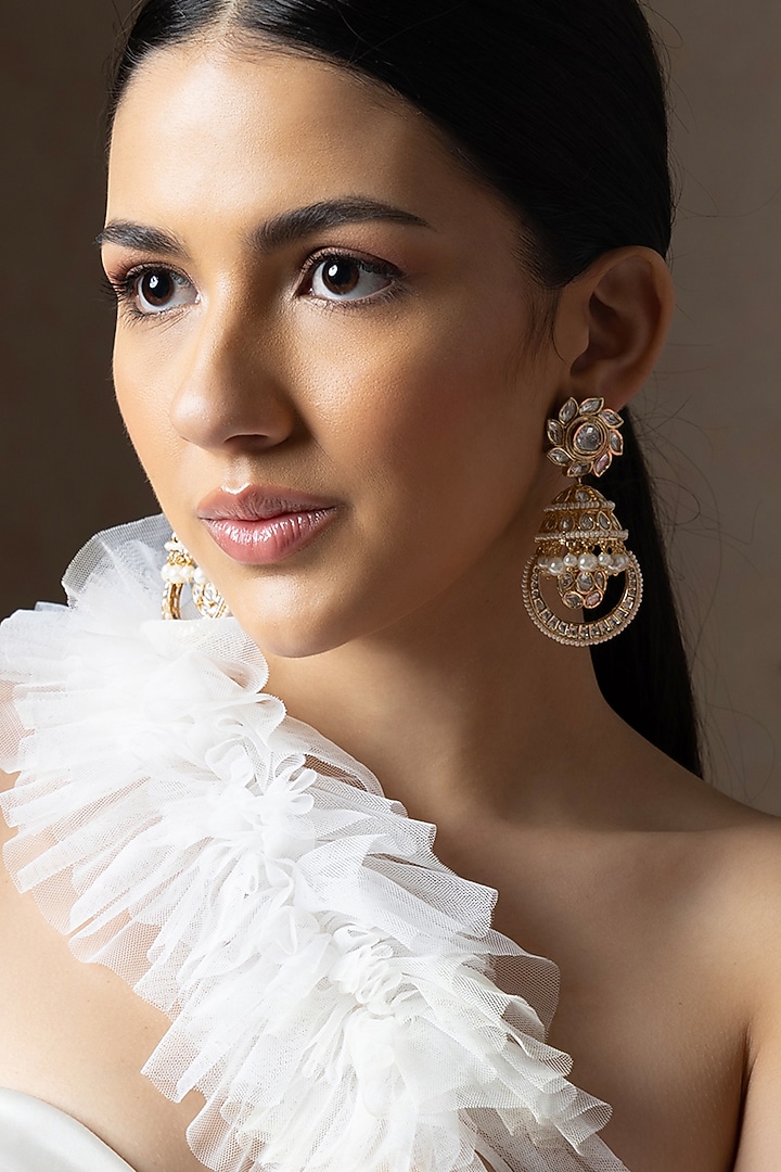 Gold plated Hydro Polki & Pearl Jhumka Earrings by Joules By Radhika at Pernia's Pop Up Shop
